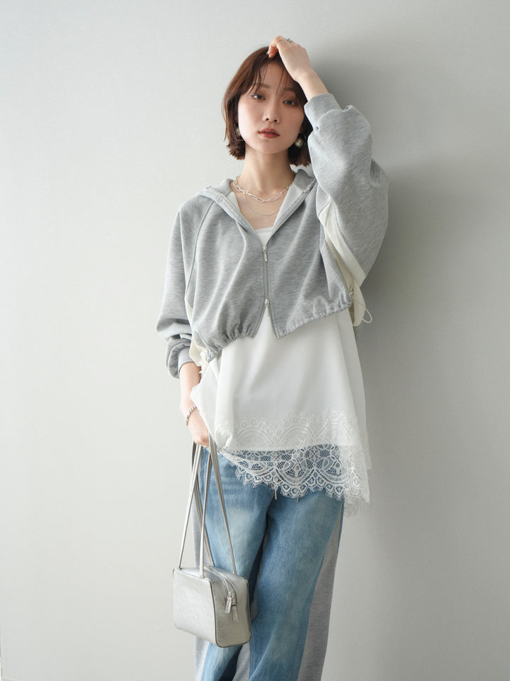 [予約]バイカラー異素材ライトポンチクロップドZIPフーディー/gray