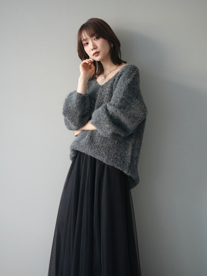 [SET]ウールタッチラメミックスヤーンVネックニットプルオーバー+チュールボリュームスカート(2set)