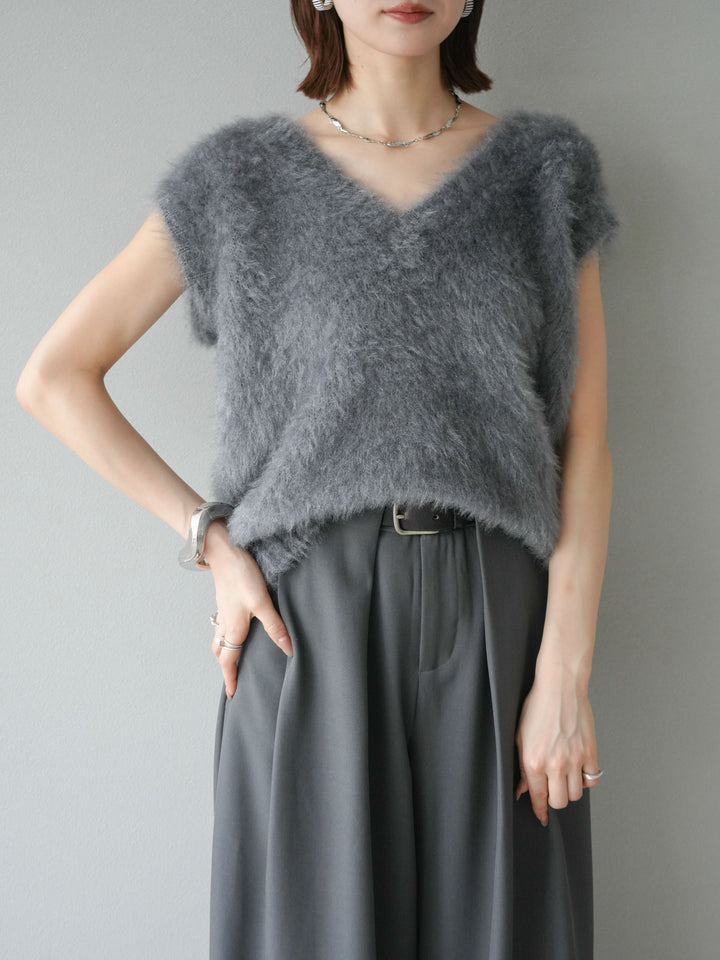 [予約]ラメシャギーVネックニットベスト/グレー