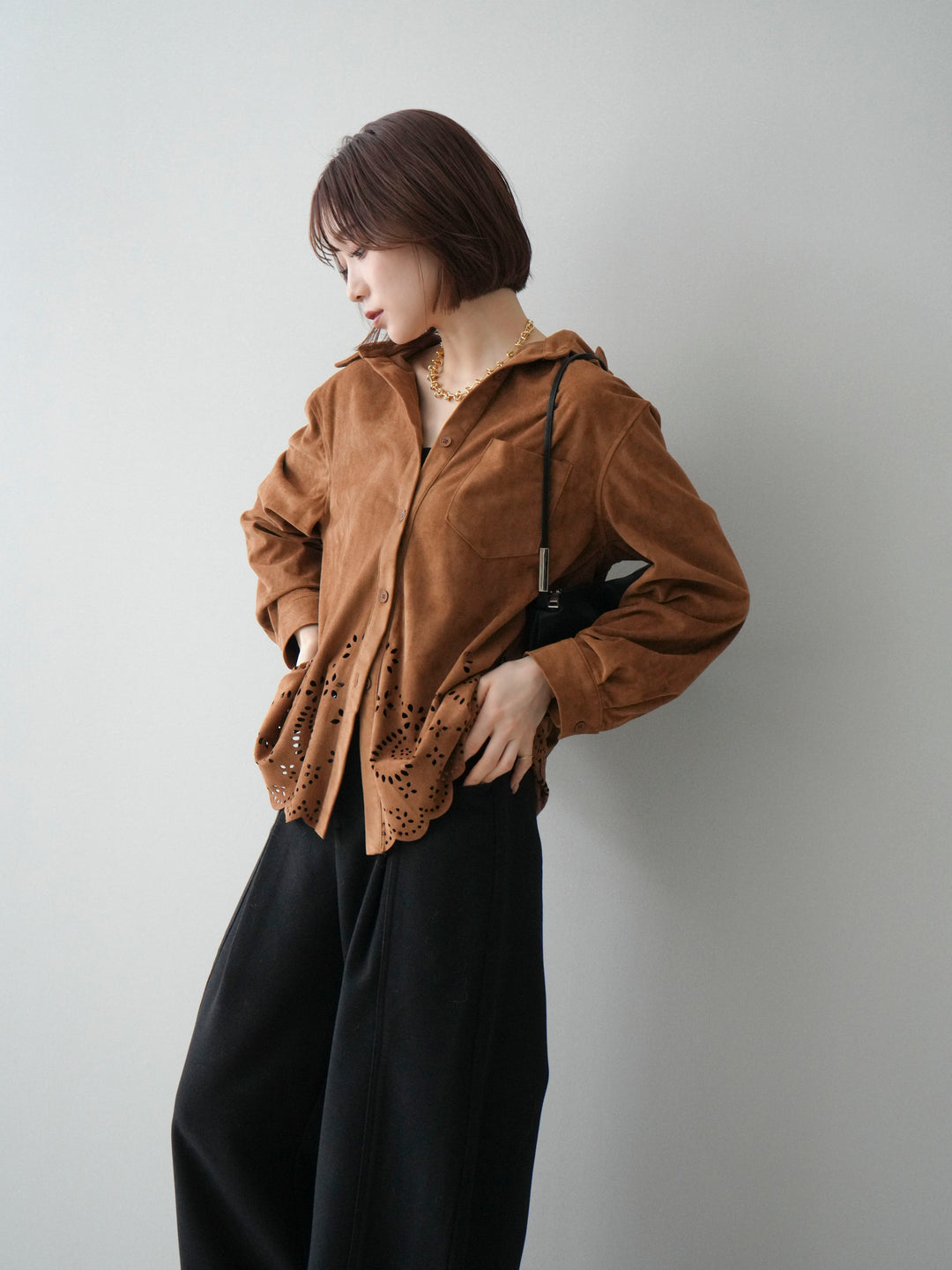 [SET]裾スカラップスエードシャツ+ベルト付起毛コクーンパンツ(2set)