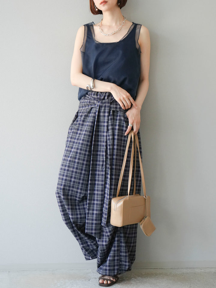 [予約]チェック柄ウエスト巻きドロストパンツ/ネイビー