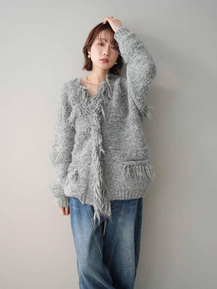 [SET]ミックスヤーンフリンジデザインニットジャケット+裏起毛加工デニムカーブパンツ(2set)