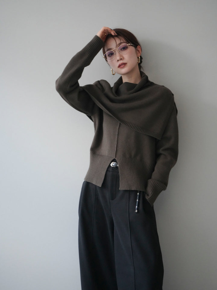 [予約]フロントスリットネックアンサンブルニット/khaki