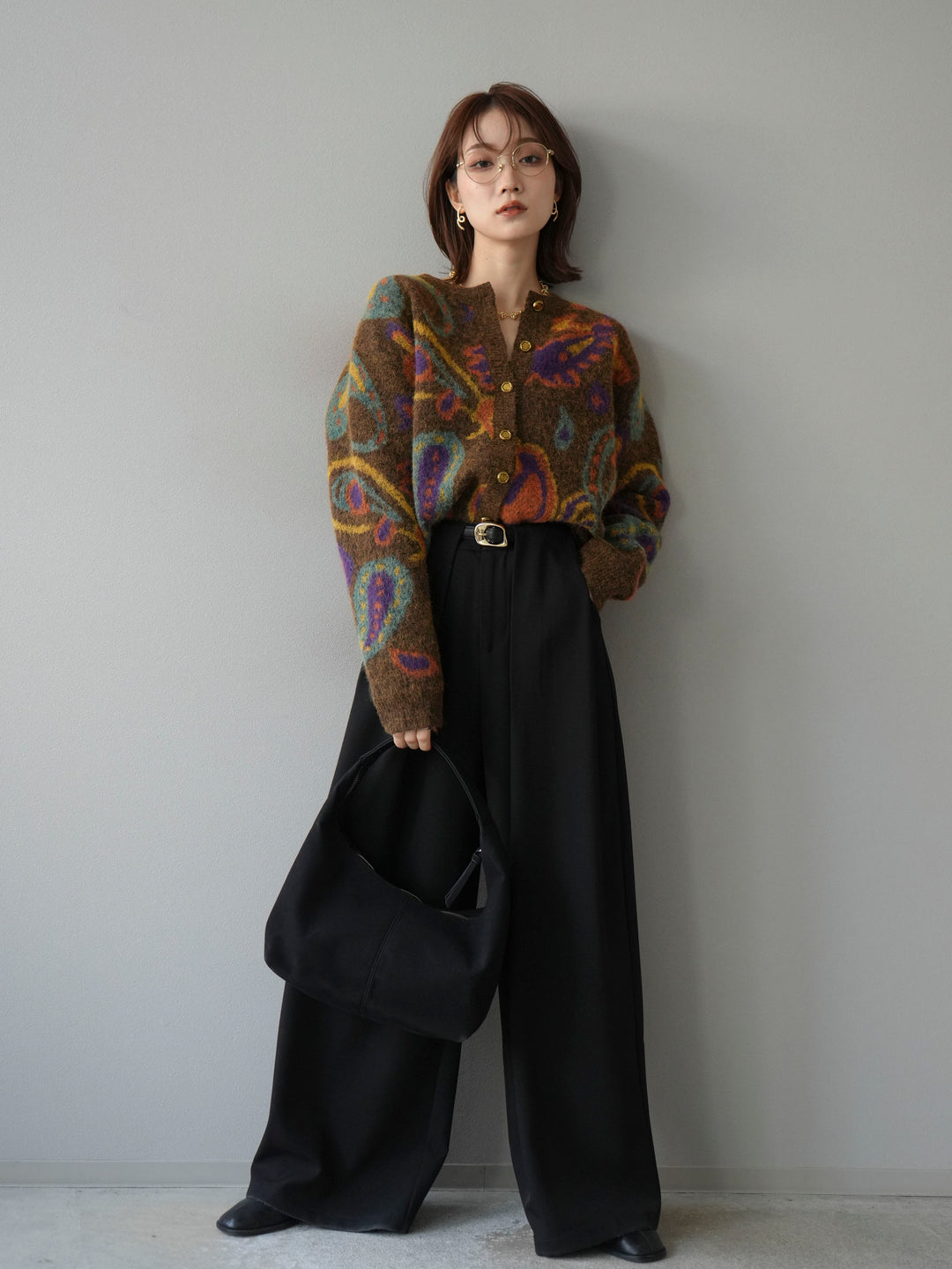 [SET]ミックスヤーンペイズリー柄ニットカーディガン+ベルトループデザインワイドパンツ(2set)