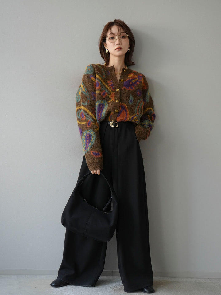 [SET]ミックスヤーンペイズリー柄ニットカーディガン+ベルトループデザインワイドパンツ(2set)