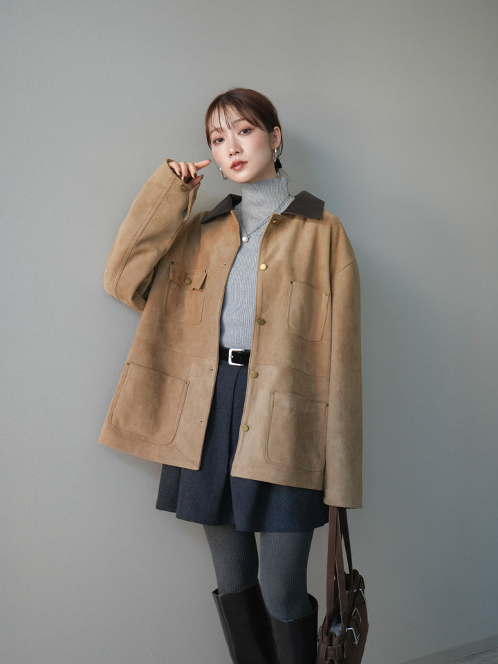 [SET]襟レザーステンカラースエードジャケット+袖ボタンボトルネックリブニットトップス(2set)