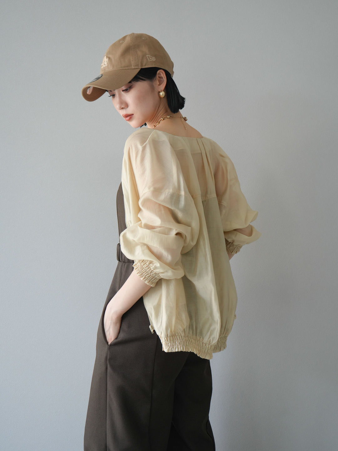 [SET]タックデザインシアーブルゾン+ヘザーツイルベルト付ベアサロペット(2set)