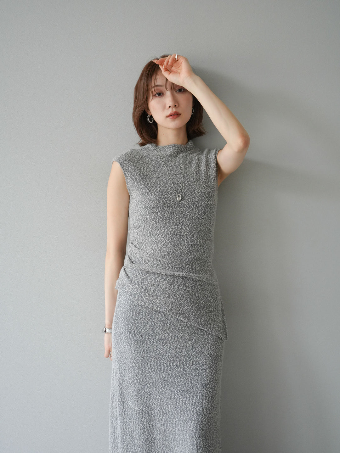 [套裝] 珠地佈針織無袖上衣 + 珠地佈針織I字裙 (2套)