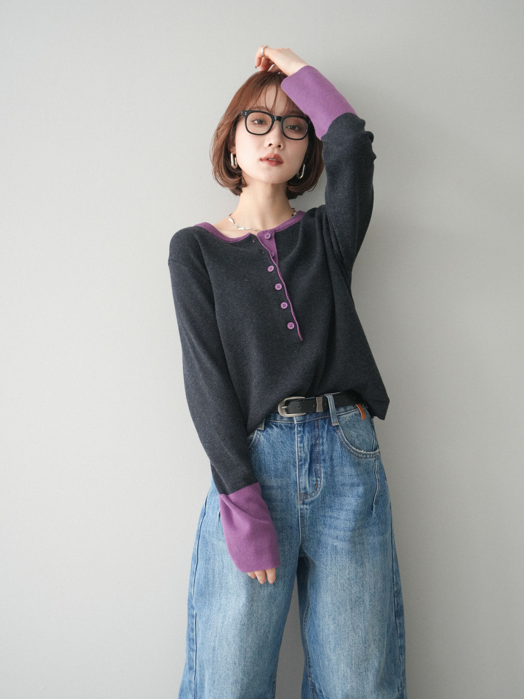 [SET]ヘンリーネック配色ニットソー+選べるアクセセット(2set)