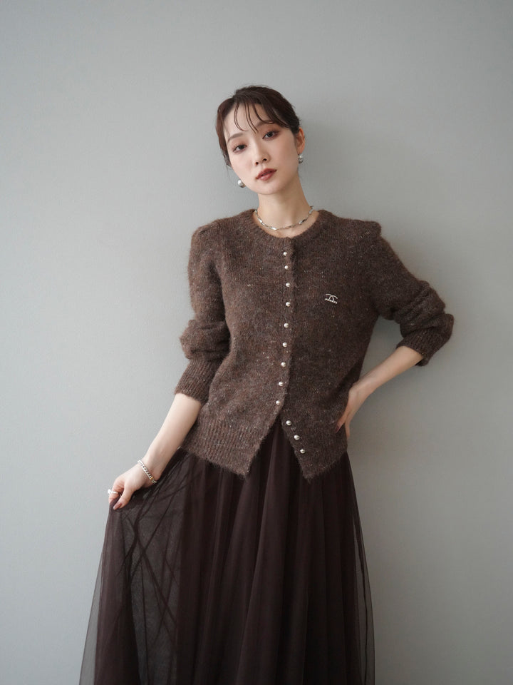 [予約]ブローチ付silverボタンミックスニットカーディガン/brown