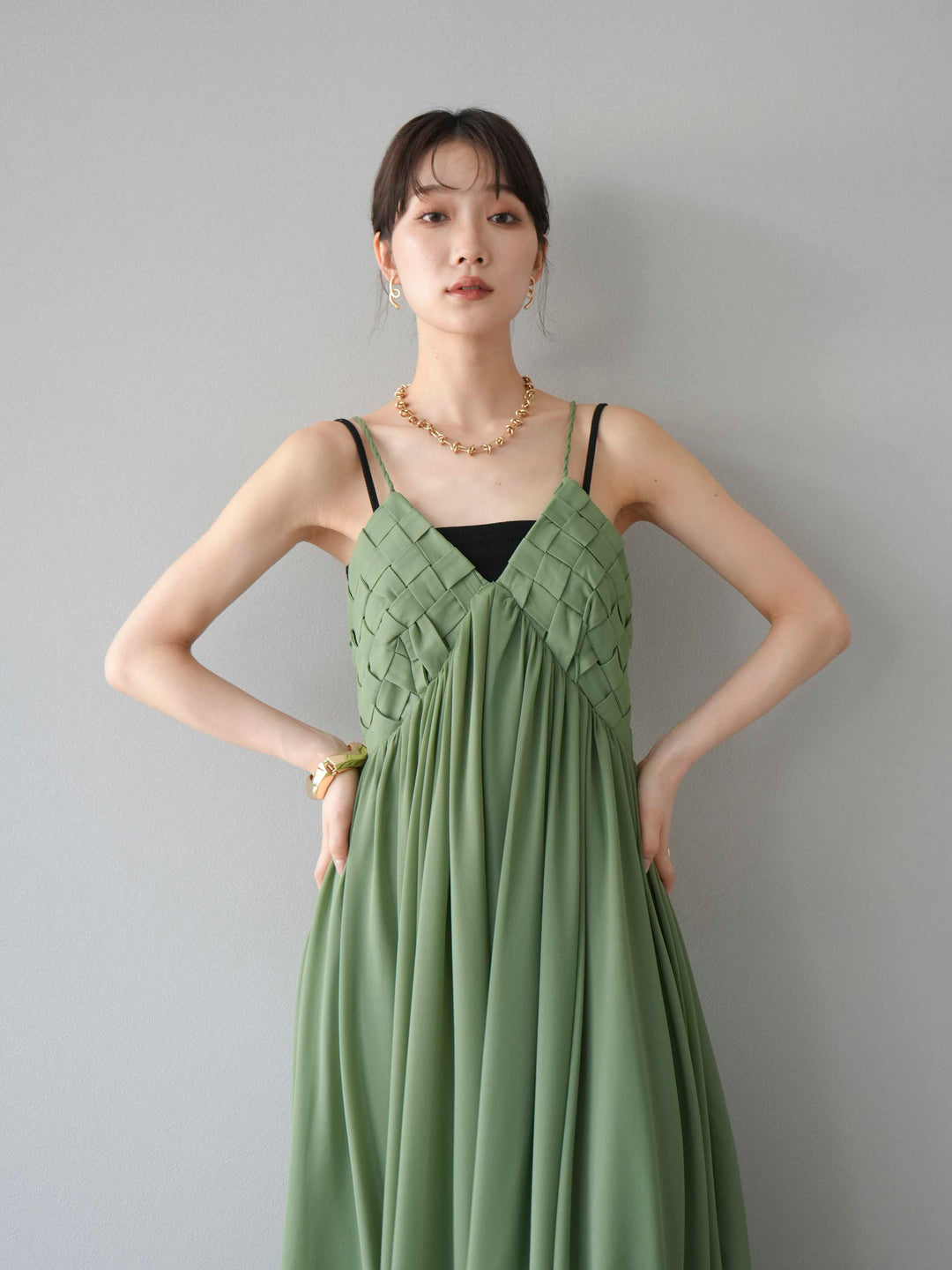 [予約]編み込みデザインシフォンワンピース/グリーン