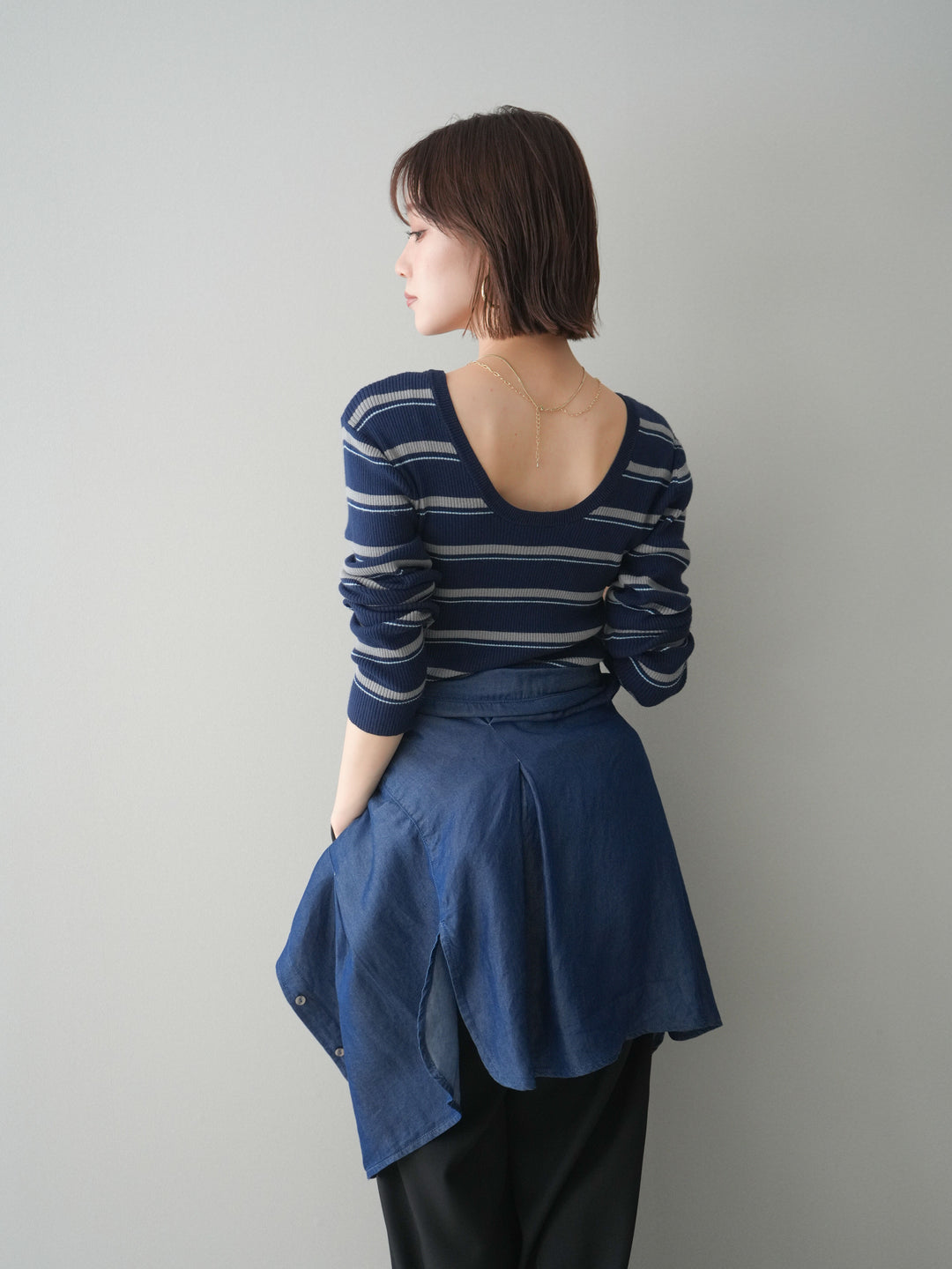 [予約]バックオープンテレコリブマルチボーダートップス/navy