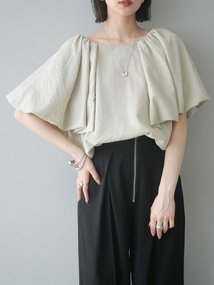[SET] 燈籠袖褶襉設計上衣 + 拉鍊褶襉寬褲 (2 套)