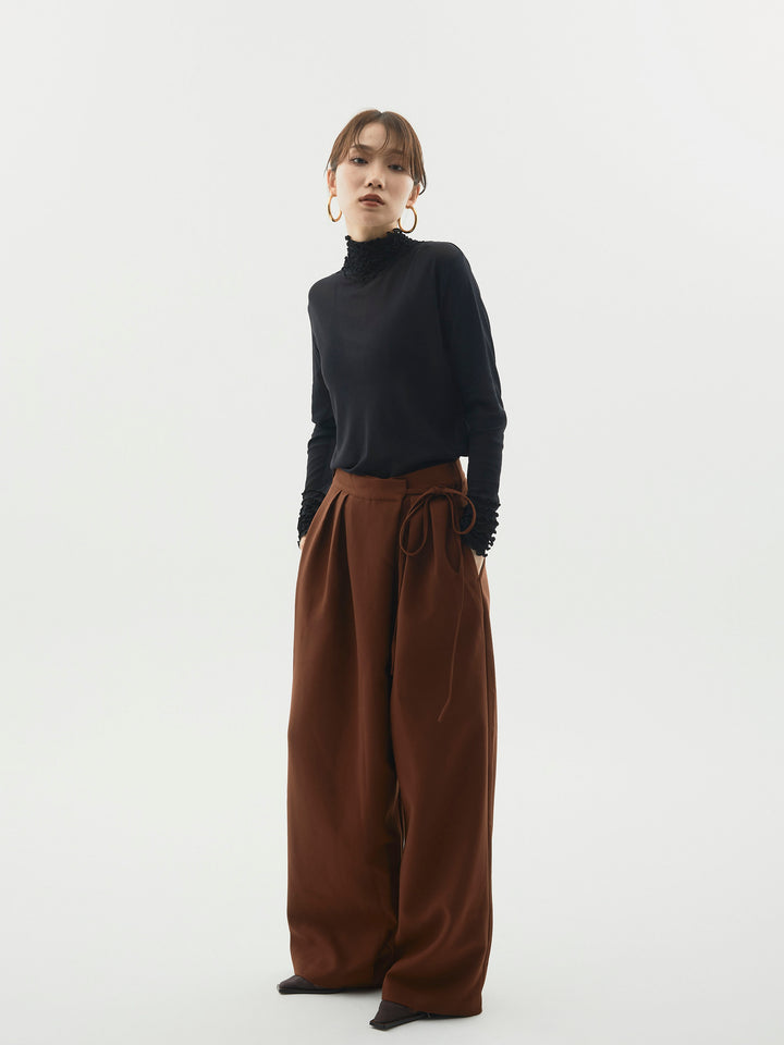 【Allure】[SET]シアーフリルメロートップス+ラップデザインタックワイドパンツ(2set)