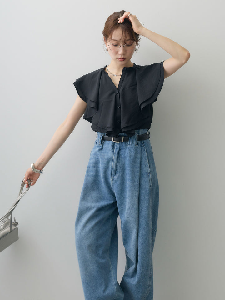 [予約]ラッフルドレープノースリブラウス/black