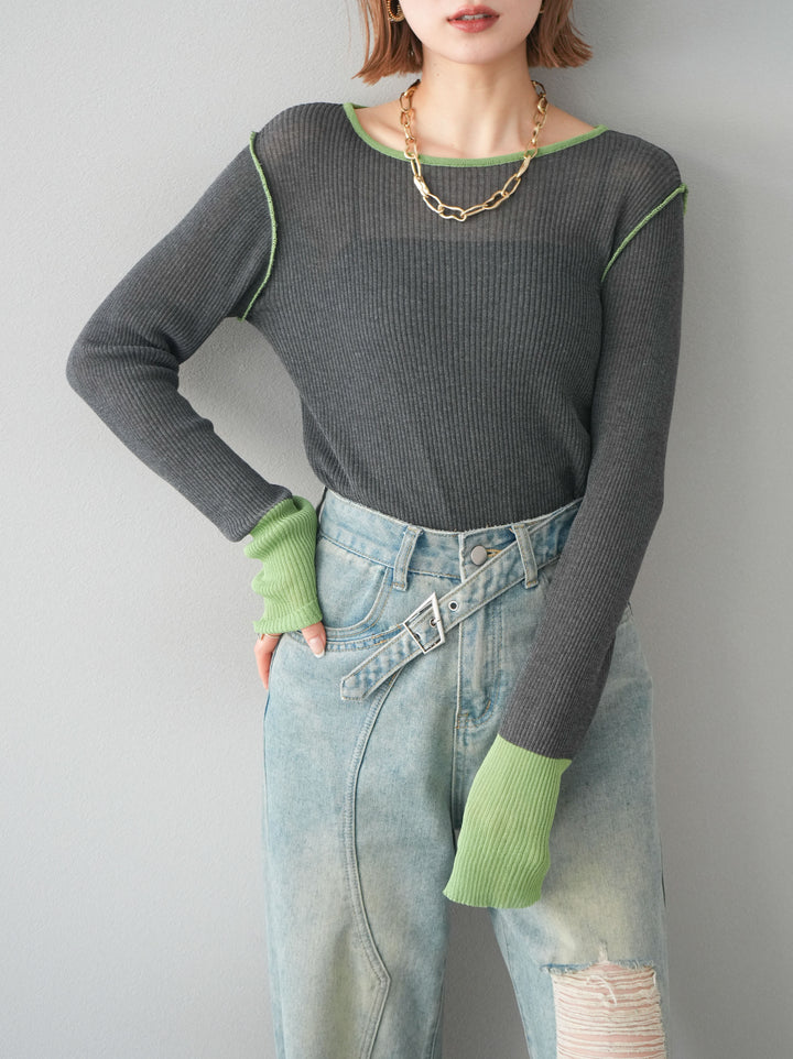 【預購】色彩協調的透明亞麻針織上衣/炭綠色
