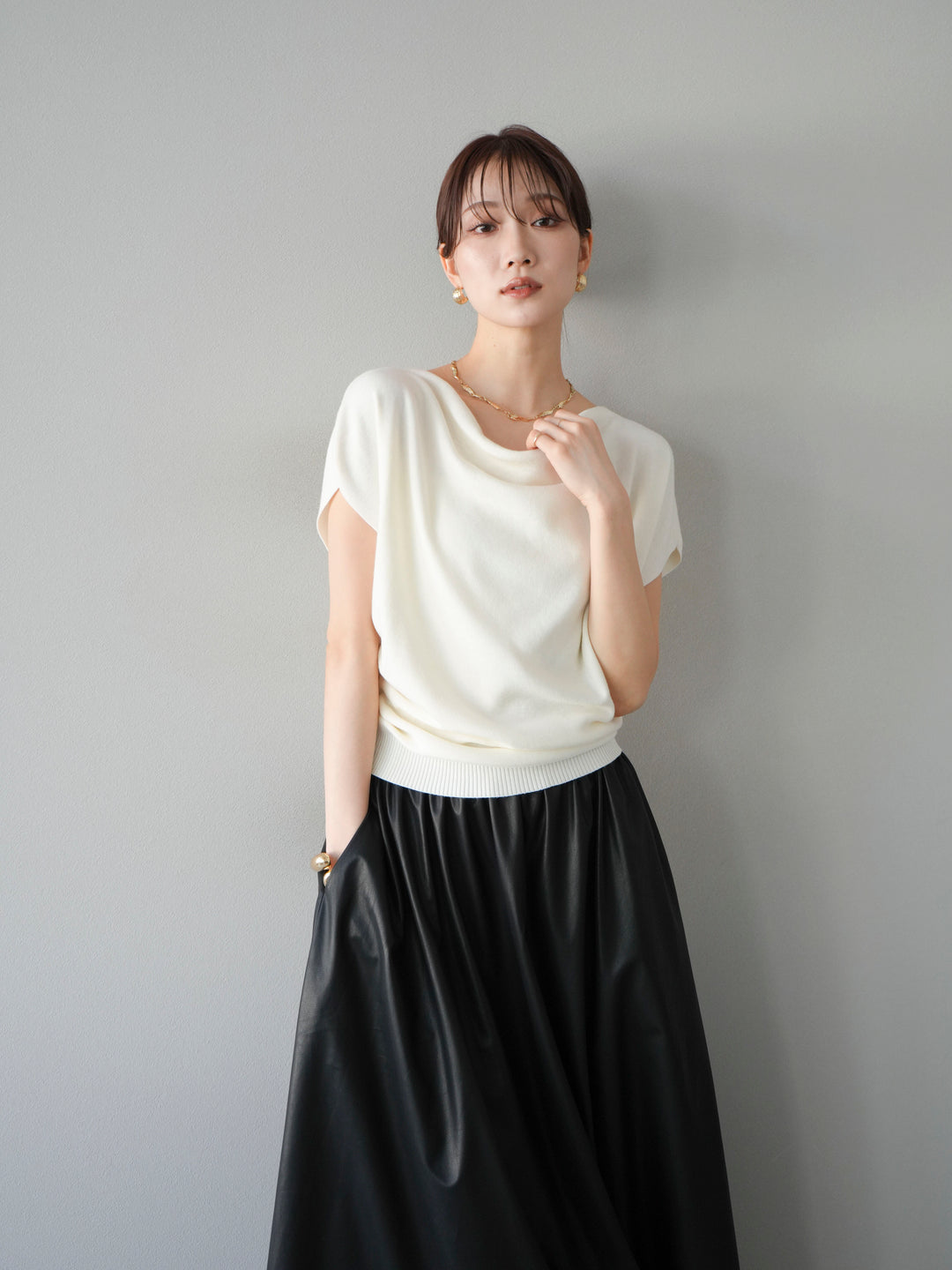 [予約]ドレープドルマンフレンチスリーブニットトップス/アイボリー