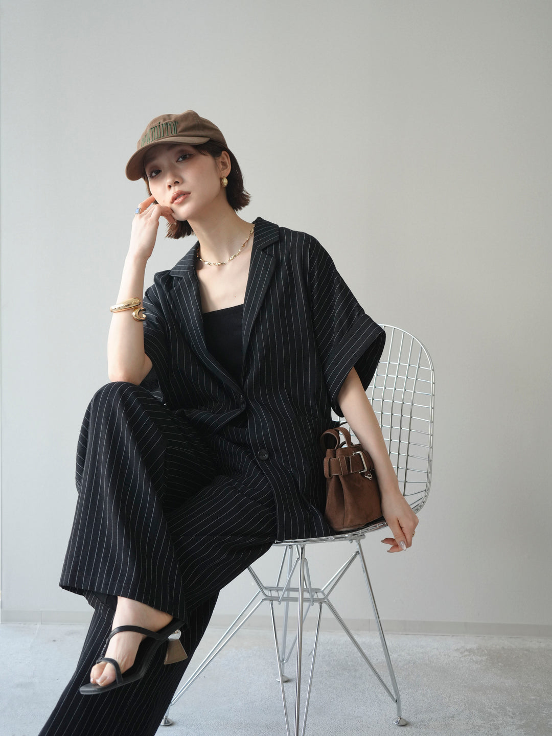 [SET]ストライプハーフスリーブオーバージャケット+ストライプリラックスワイドパンツ(2set)