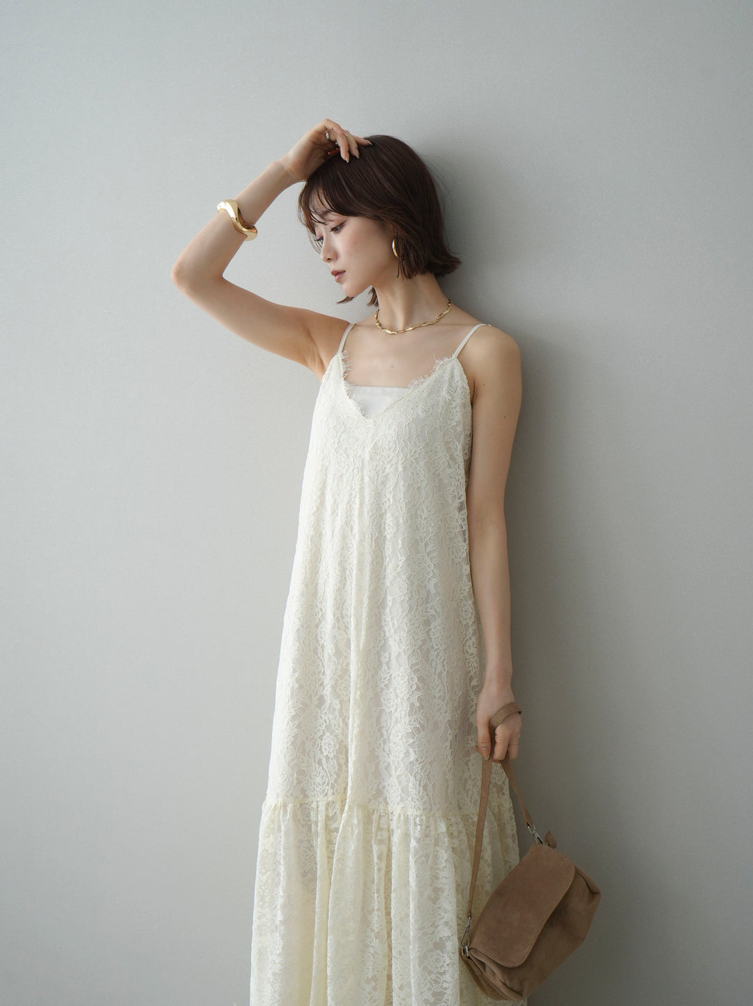 [SET]ギャザー切替レースキャミワンピース+選べるアクセセット(2set)