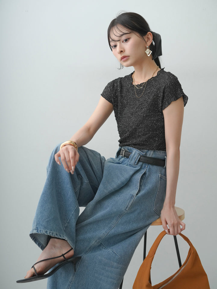 [SET]テクスチャープリントワッシャーフレンチトップス+ハイウエストベルトループデザインデニムパンツ(2set)