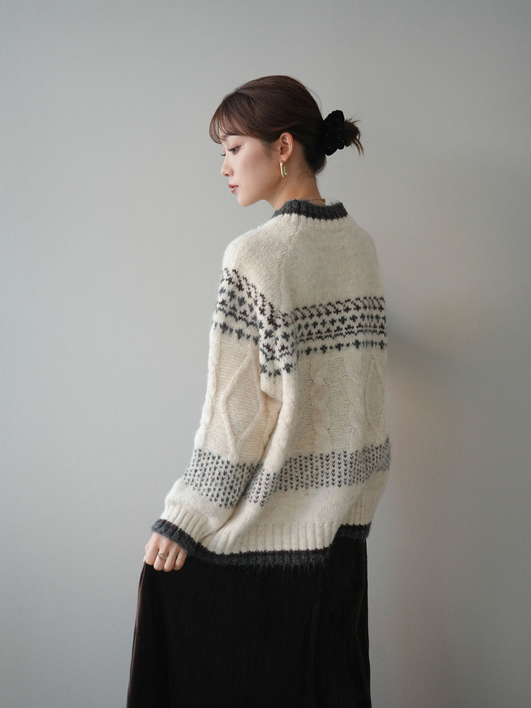 [予約]裾配色ノルディック柄ニットプルオーバー/White