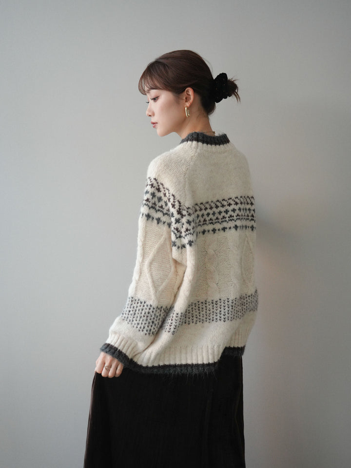 [予約]裾配色ノルディック柄ニットプルオーバー/White