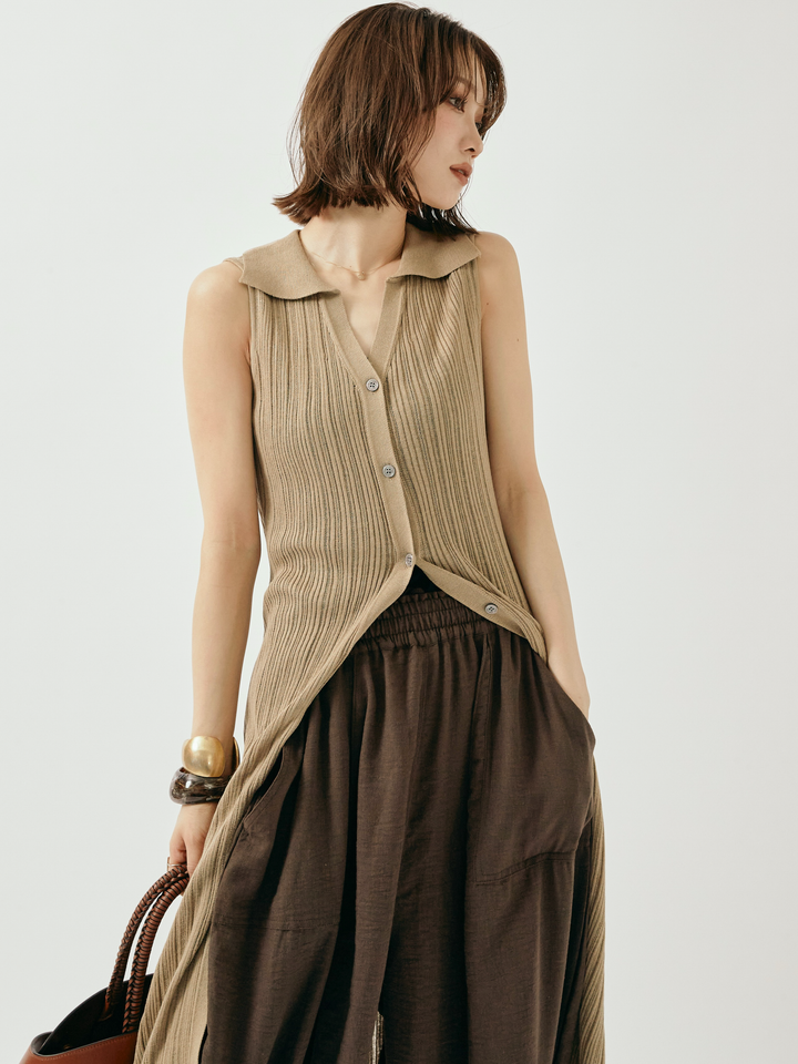 [予約]襟付きランダムリブロングニットカーディガン/ベージュ