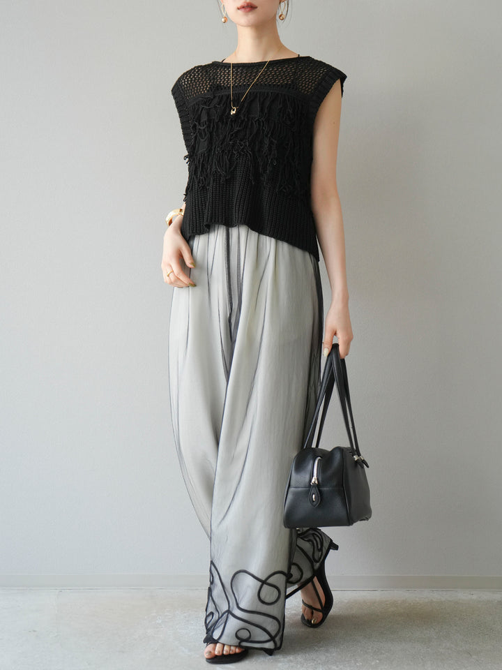 [SET]透かし編みフリンジニットトップス+コード刺繍チュールレイヤードパンツ(2set)