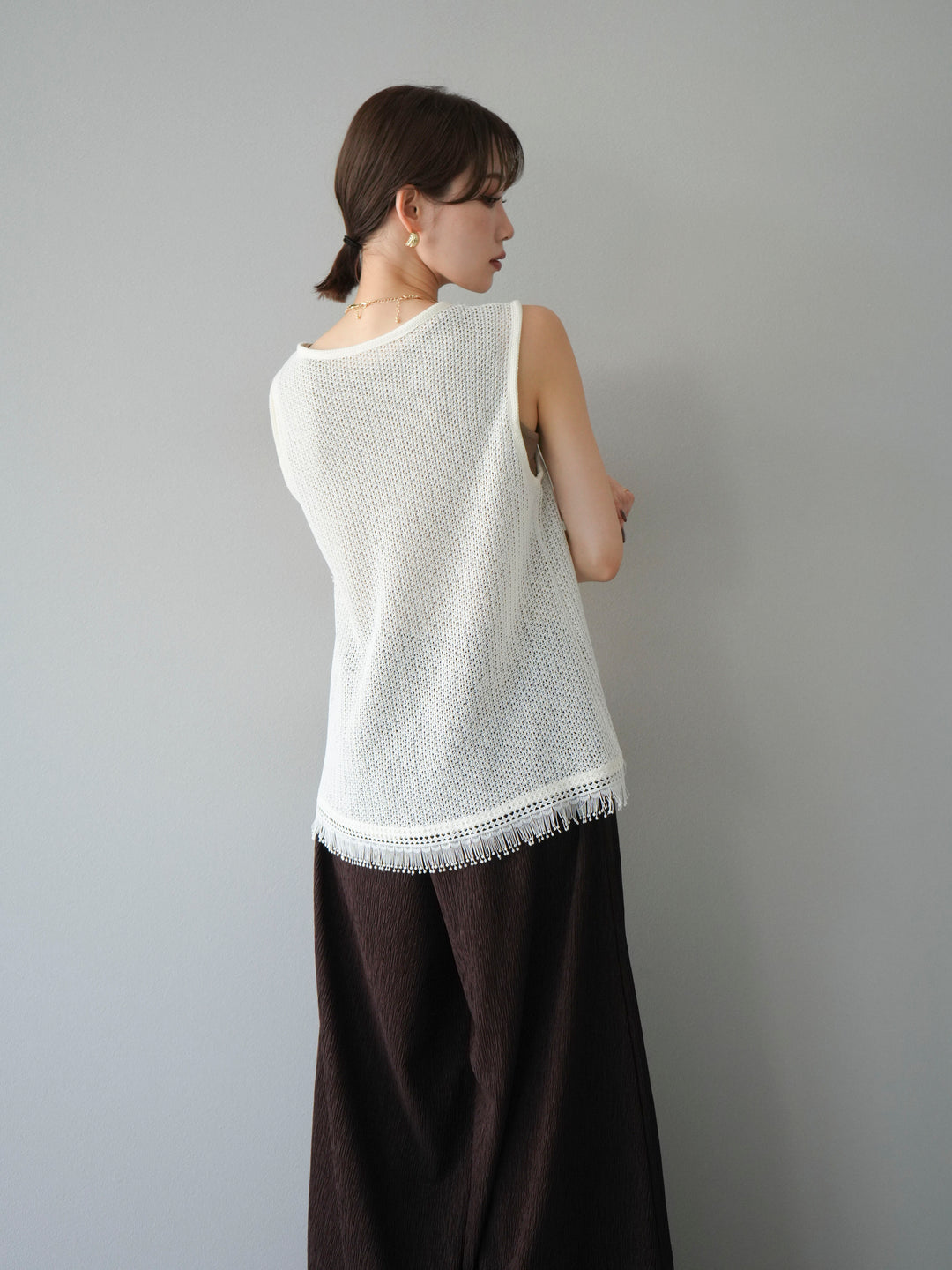 [予約]裾フリンジVネックニットタンクトップアンサンブル/オフ