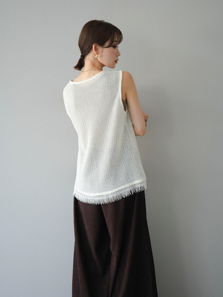 [予約]裾フリンジVネックニットタンクトップアンサンブル/オフ
