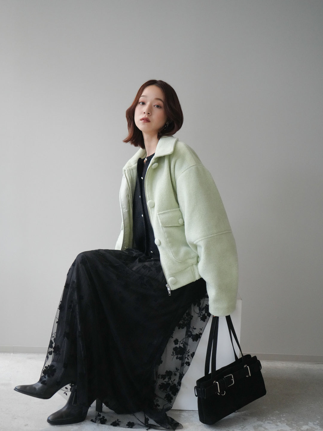 [SET]ウールライクフライトジャケット+フラワーフロッキーチュールプリーツスカート(2set)