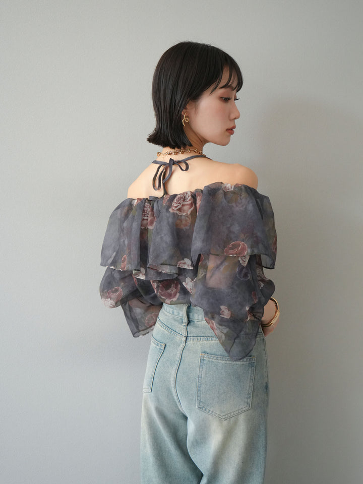 【預購】花朵露肩襯衫/藏青色