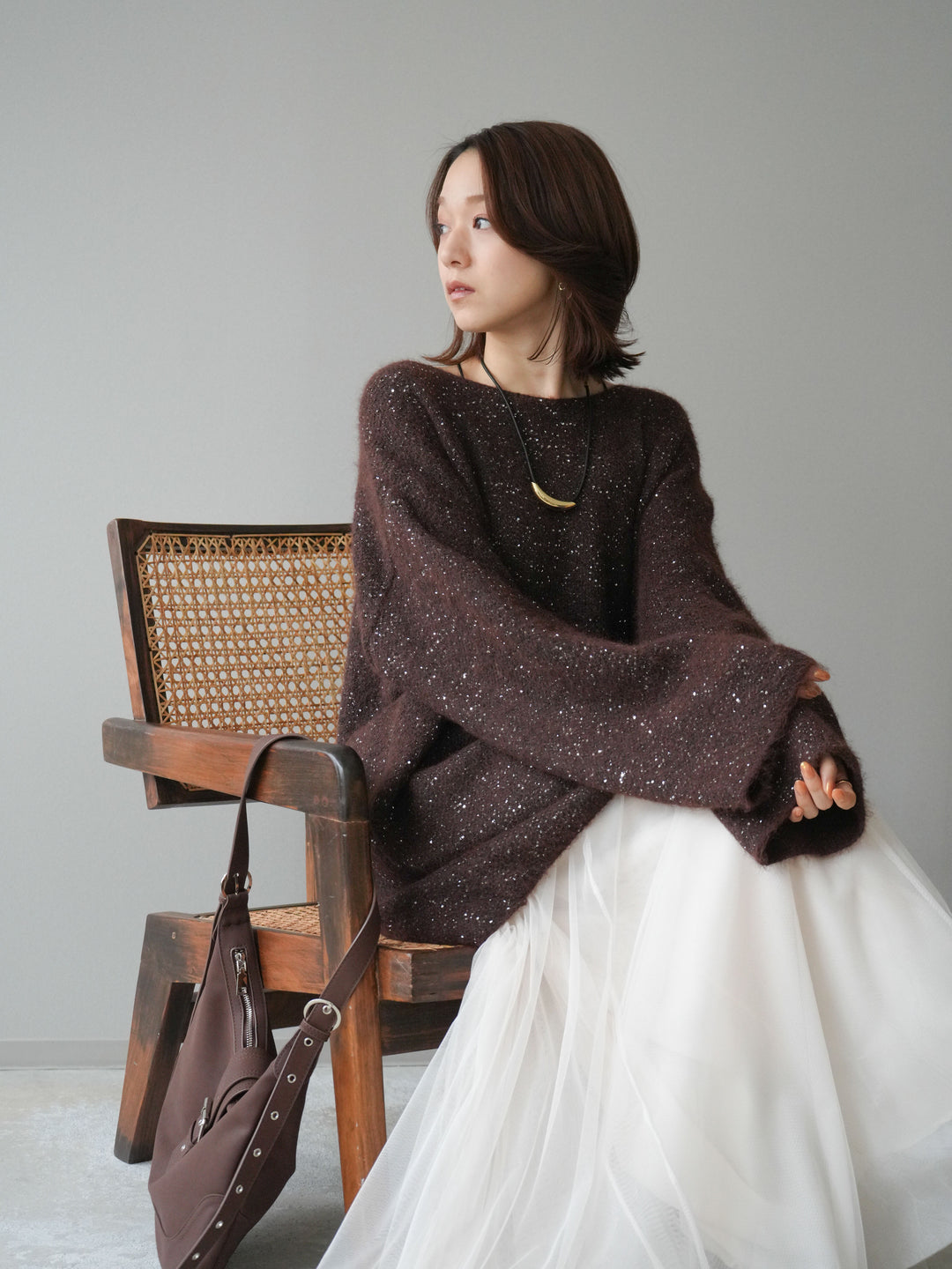 [予約]スパンコールミニシャギーニットチュニック/brown