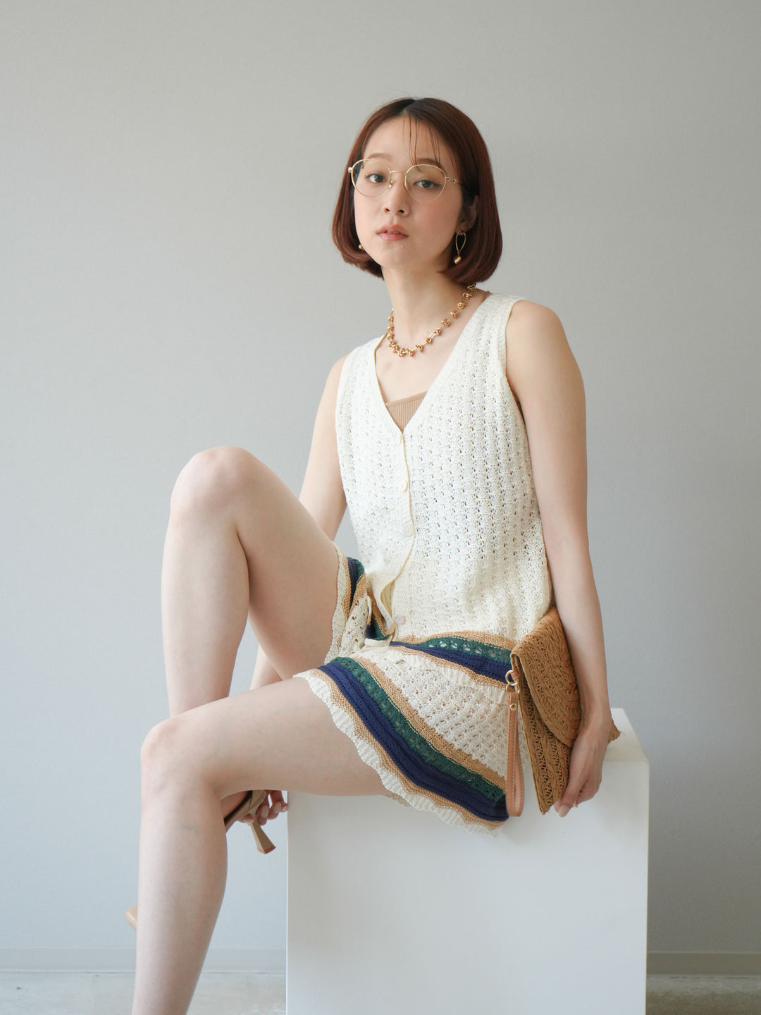 [SET]裾マルチボーダーニットベスト＆ショートパンツ SET UP(2set)