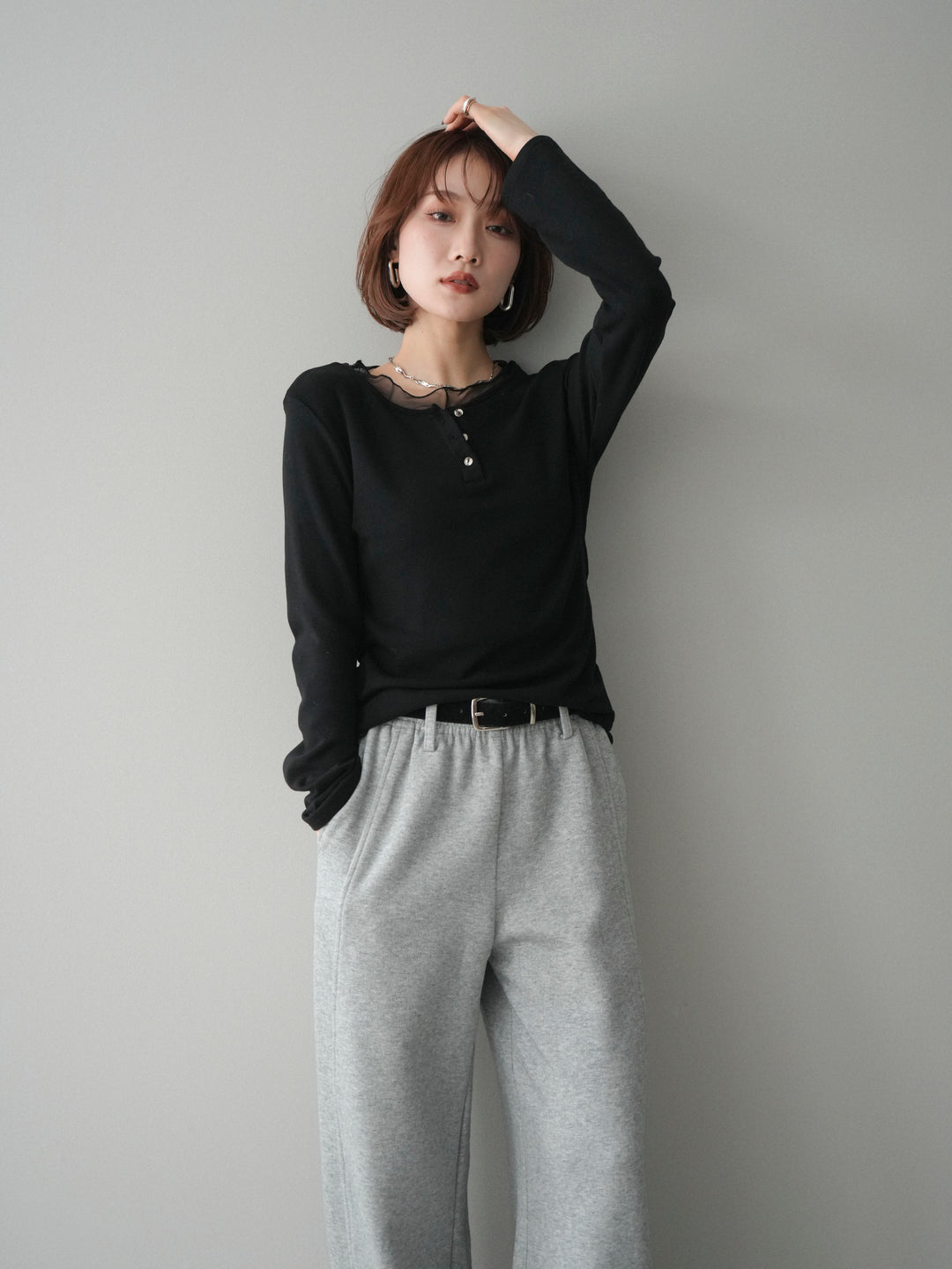 [予約]チュールレイヤードヘンリーネックカットソー/black