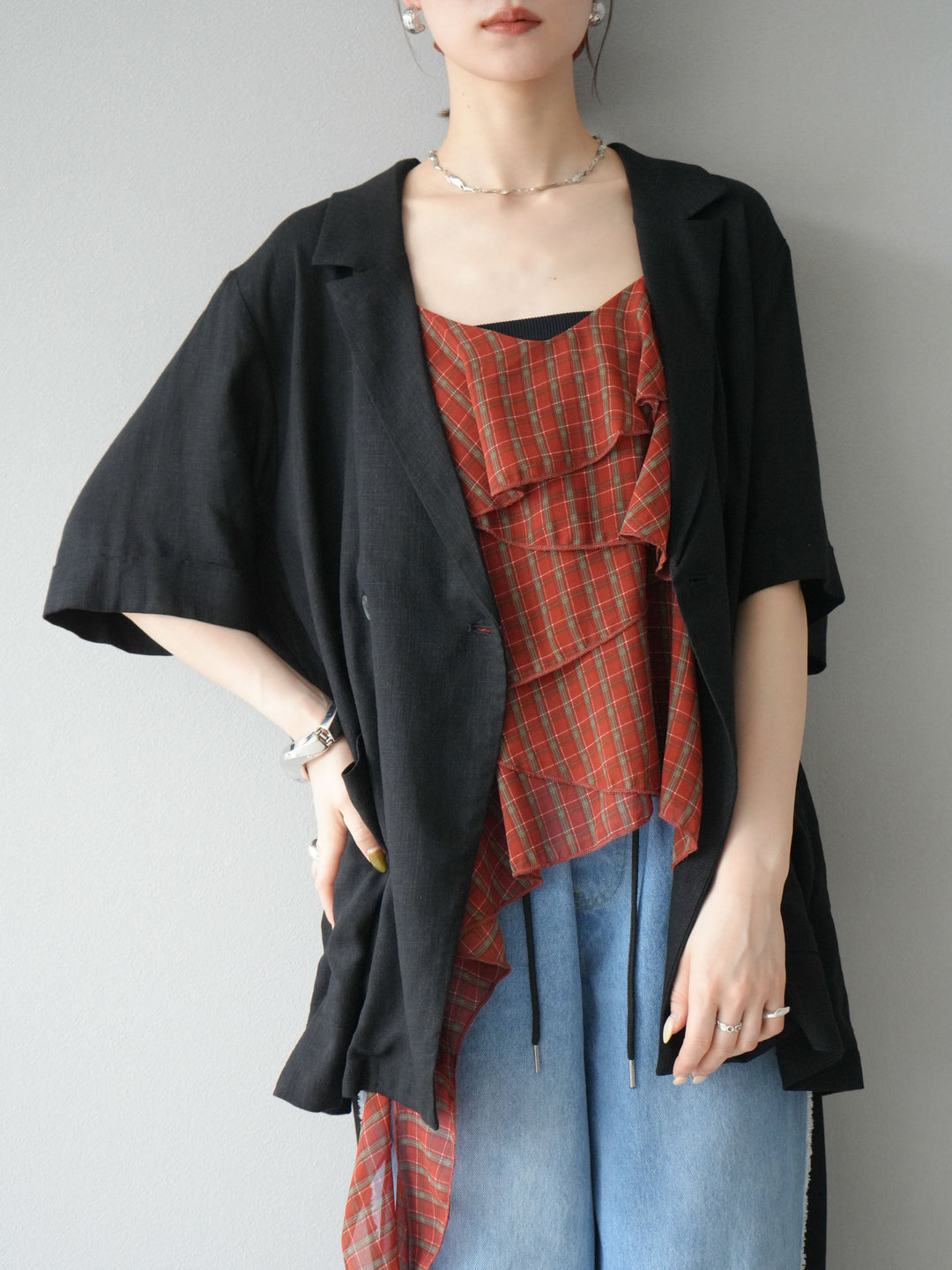 [予約]チェック柄ラッフルキャミソール/レッド