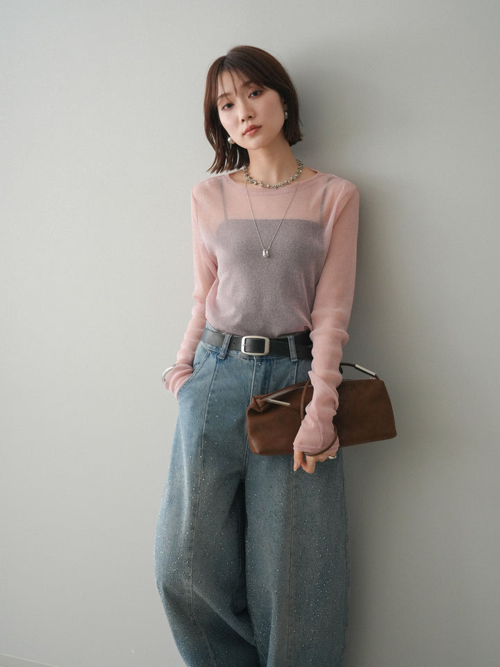 [予約]ラメシアークルーネックトップス/pink