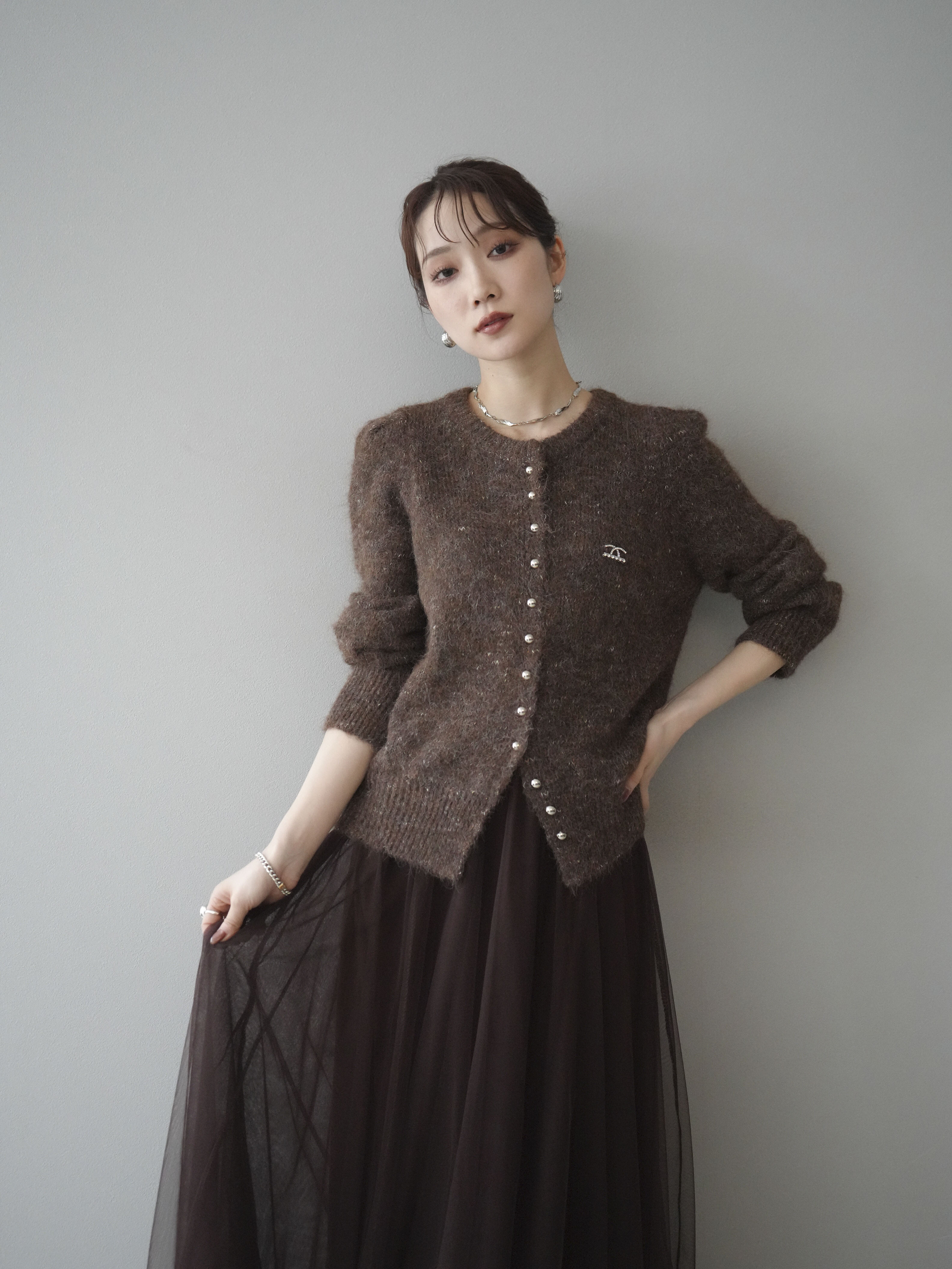SET]ブローチ付silverボタンミックスニットカーディガン+チュール