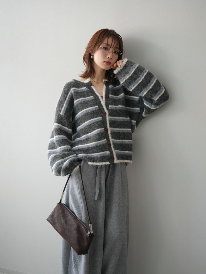 [SET]ウールタッチ配色ボーダーニットカーディガン+ウエストベルトカーブラインスエットパンツ(2set)