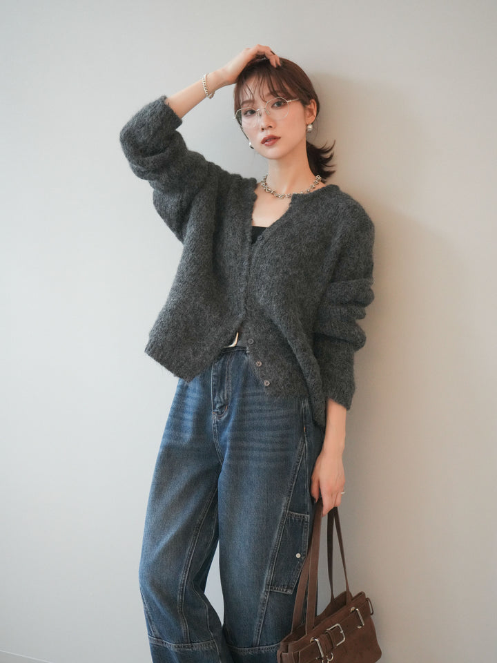 [予約]キーネックシャギーニットカーディガン/gray