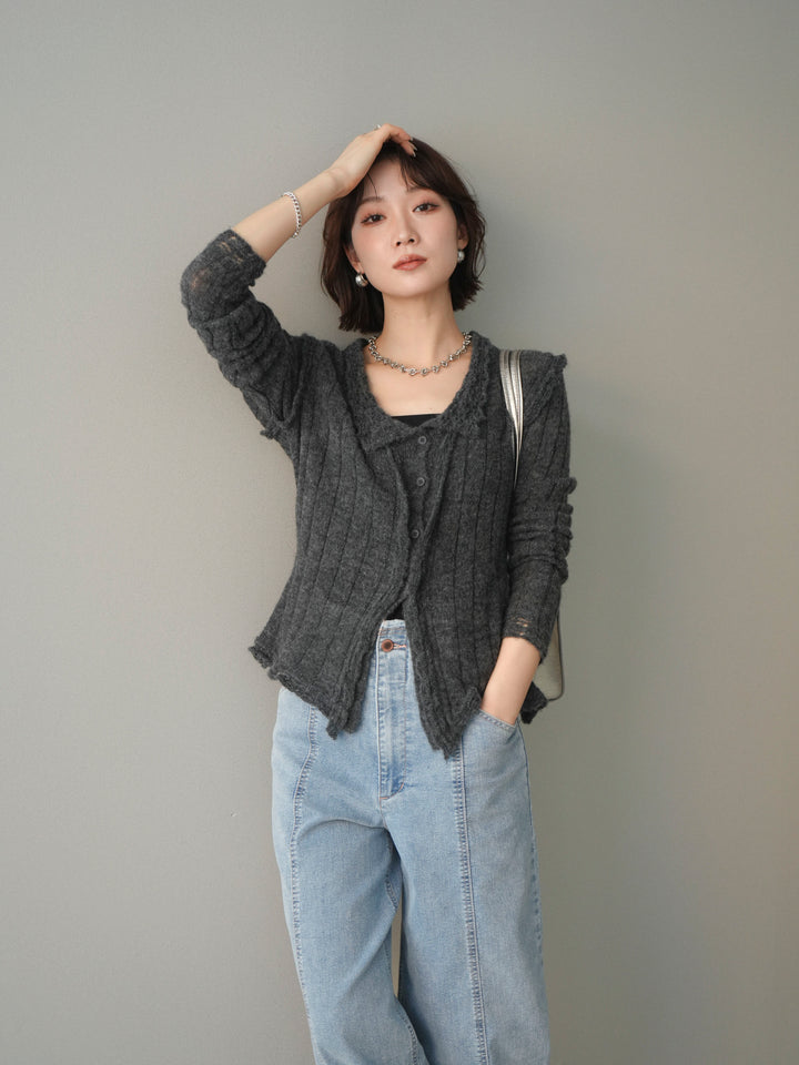 [予約]透かし襟モヘアタッチニットカーディガン/charcoal