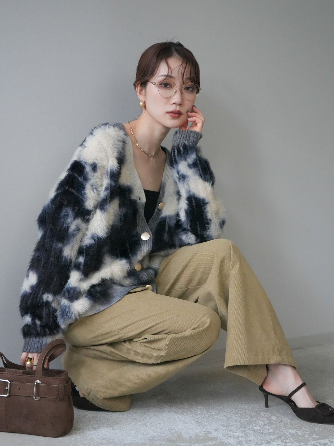 [SET]ニュアンス柄シャギーニットカーディガン+コーデュロイ巻きベルト付きパンツ(2set)