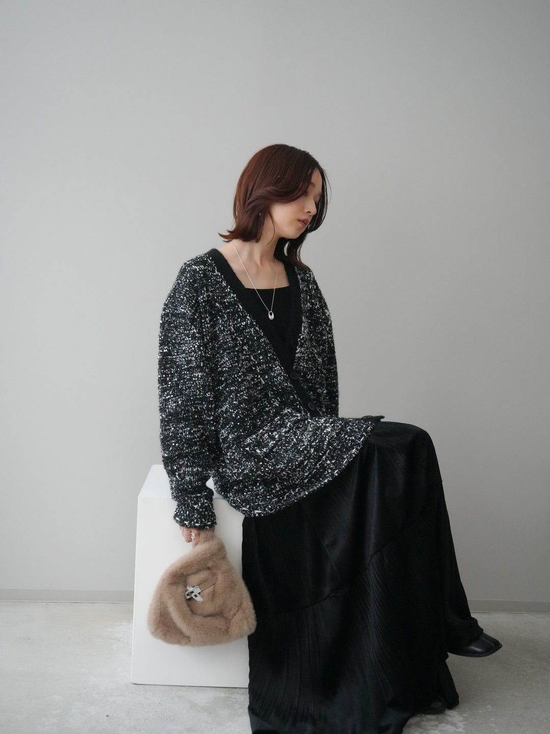 [SET]モールネップニットカーディガン+ベロアティアードワッシャースカート(2set)