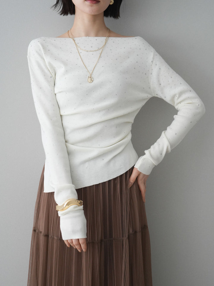 [SET]ラインストーンアシンメトリーニットトップス+ラメプリーツレイヤードチュールロングスカート(2set)