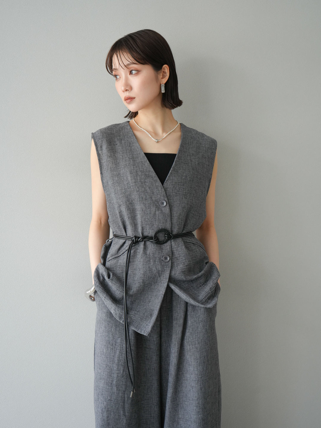 [SET]ベルト付リネンタッチベスト＆ワイドパンツSET UP(2set)
