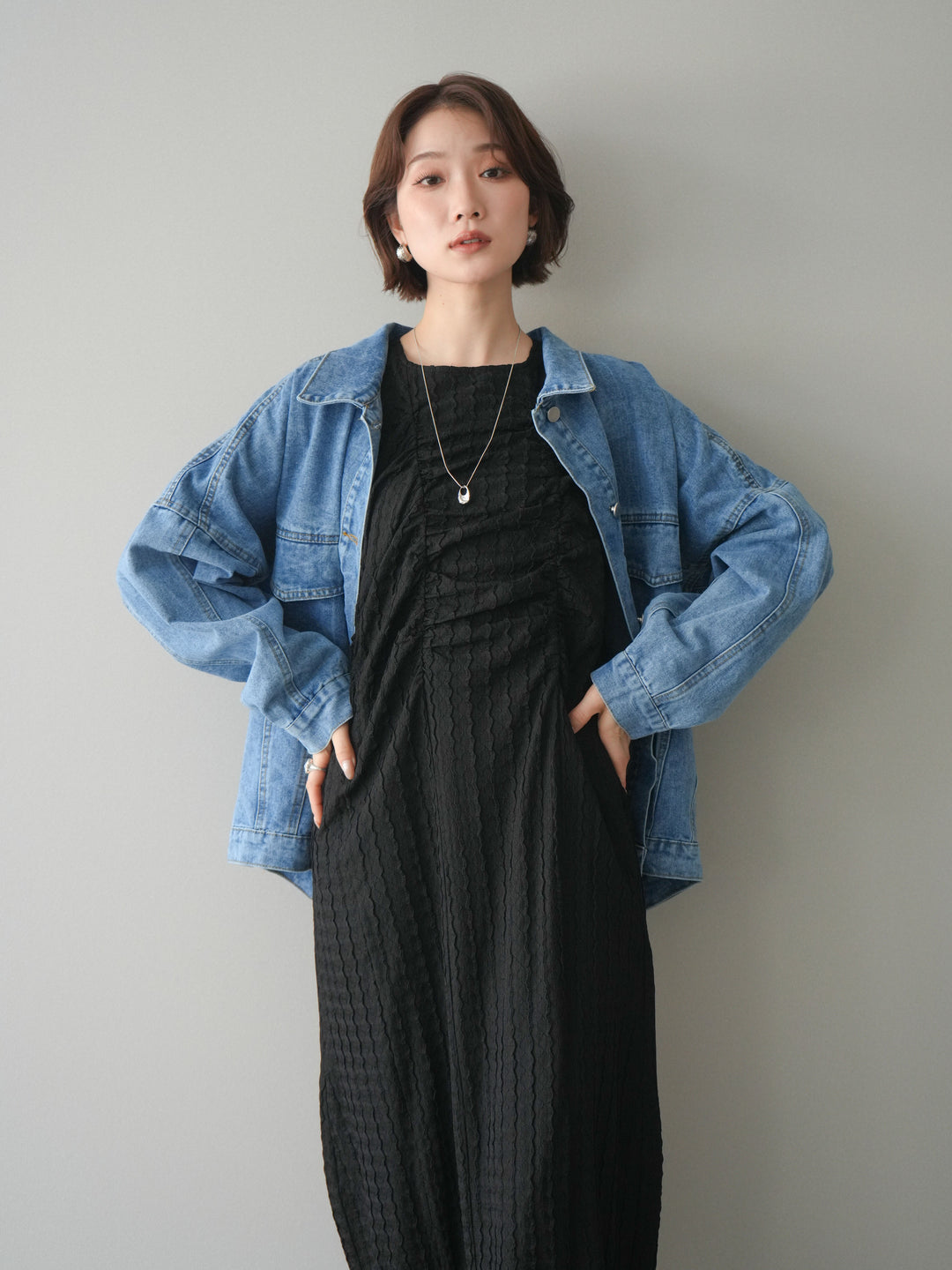 [予約]シャーリングジャガードノースリーブワンピース/black