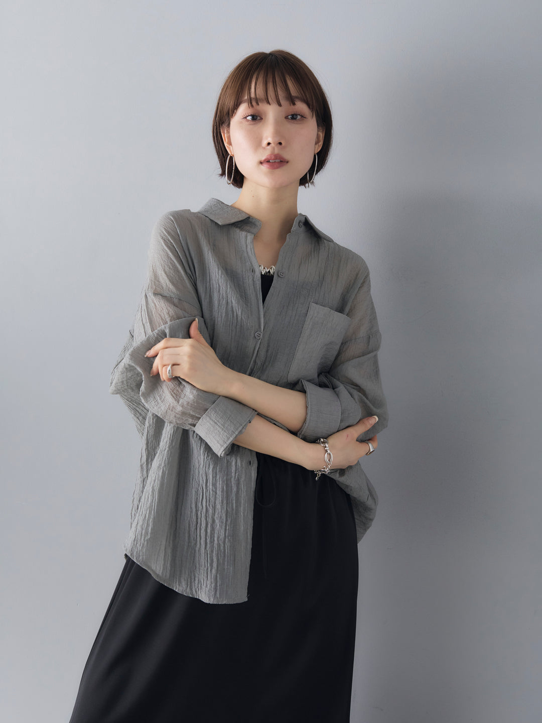 [SET]楊柳シアーLSシャツ+サテンフレアスカート(2set)
