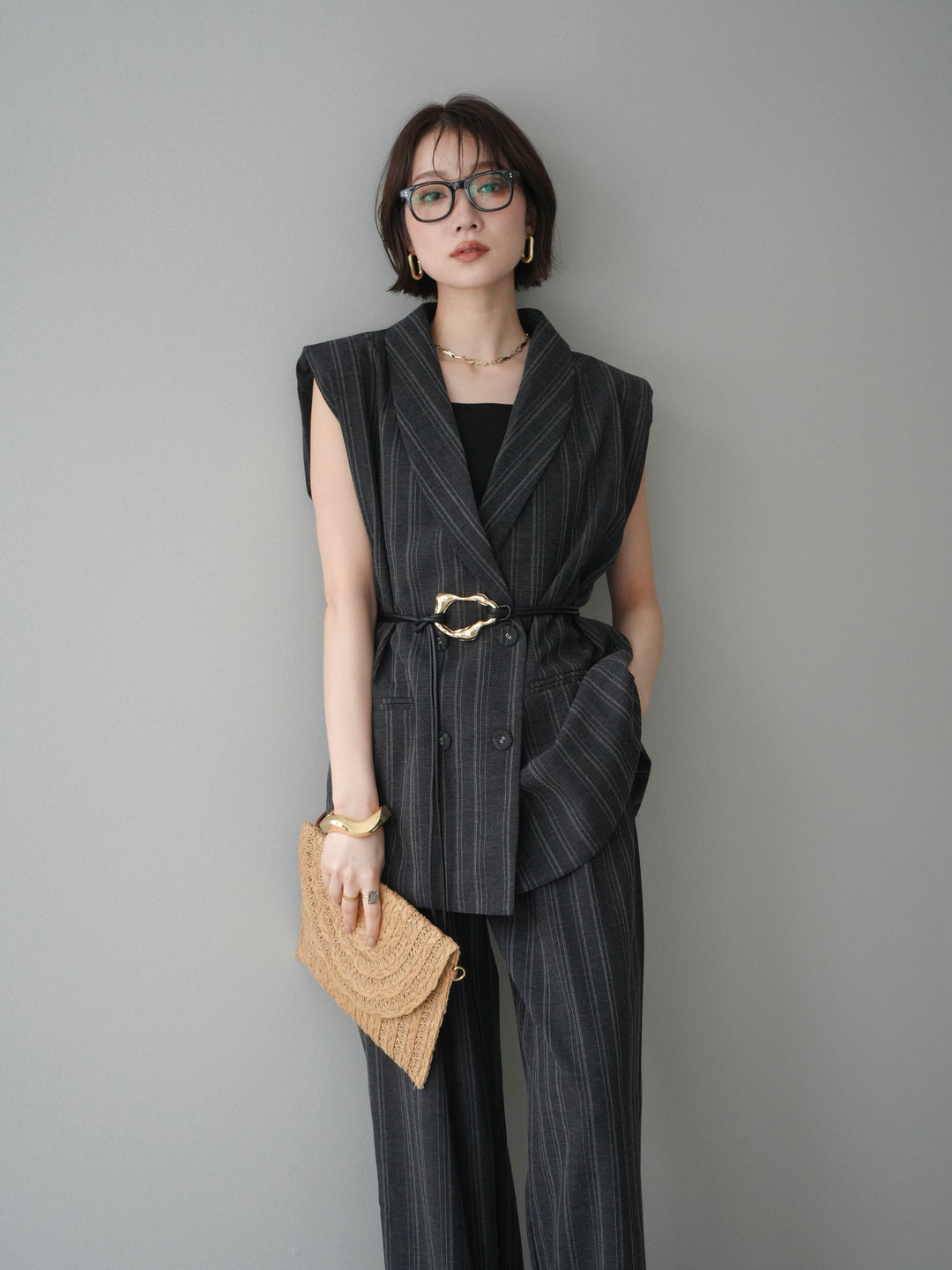 [SET]モチーフベルト付ストライプジレ＆パンツSETUP+選べるアクセセット(2set)