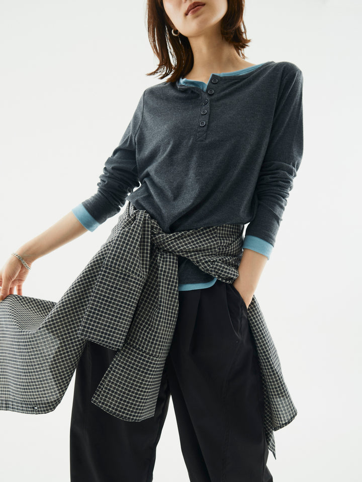 【Allure】[SET]配色レイヤードヘンリーネックトップス+タフタワイドカーブパンツ+チェックBIGカフスオーバーシャツ(3set)