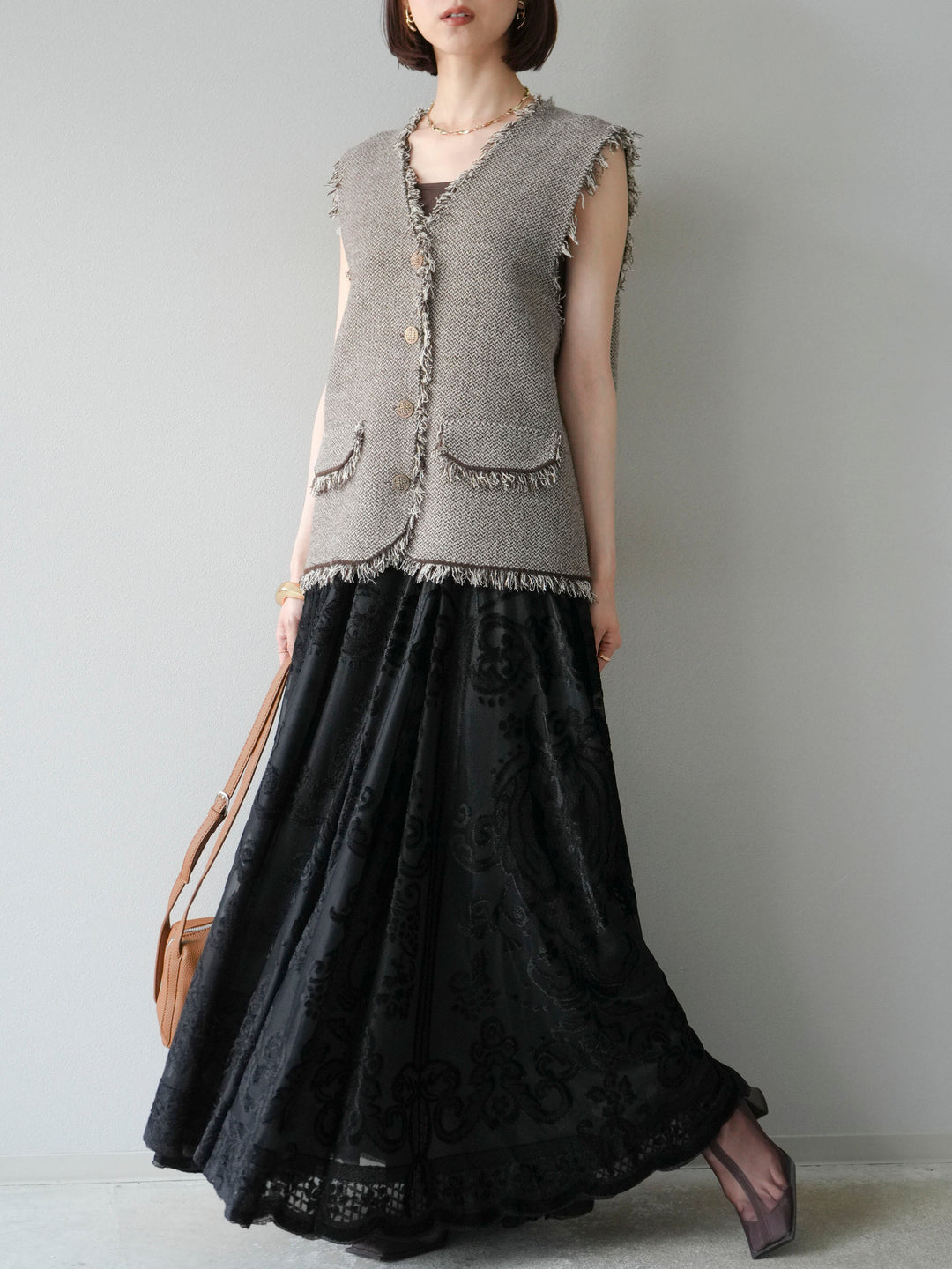 [予約]ツイードライクフリンジニットベスト/ブラウン